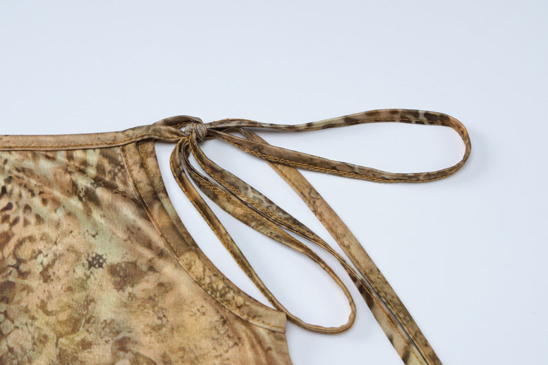 Women Summer Printed Sexy Strapless Top Lace-up Skirt Two-piece Set 13