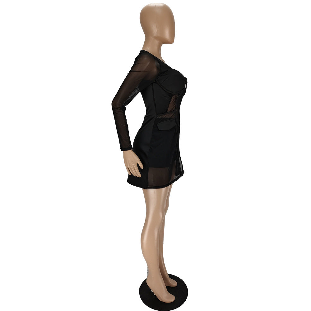 Women Mesh See-Through Patchwork Zipper Top and Shorts Two-piece Set 12