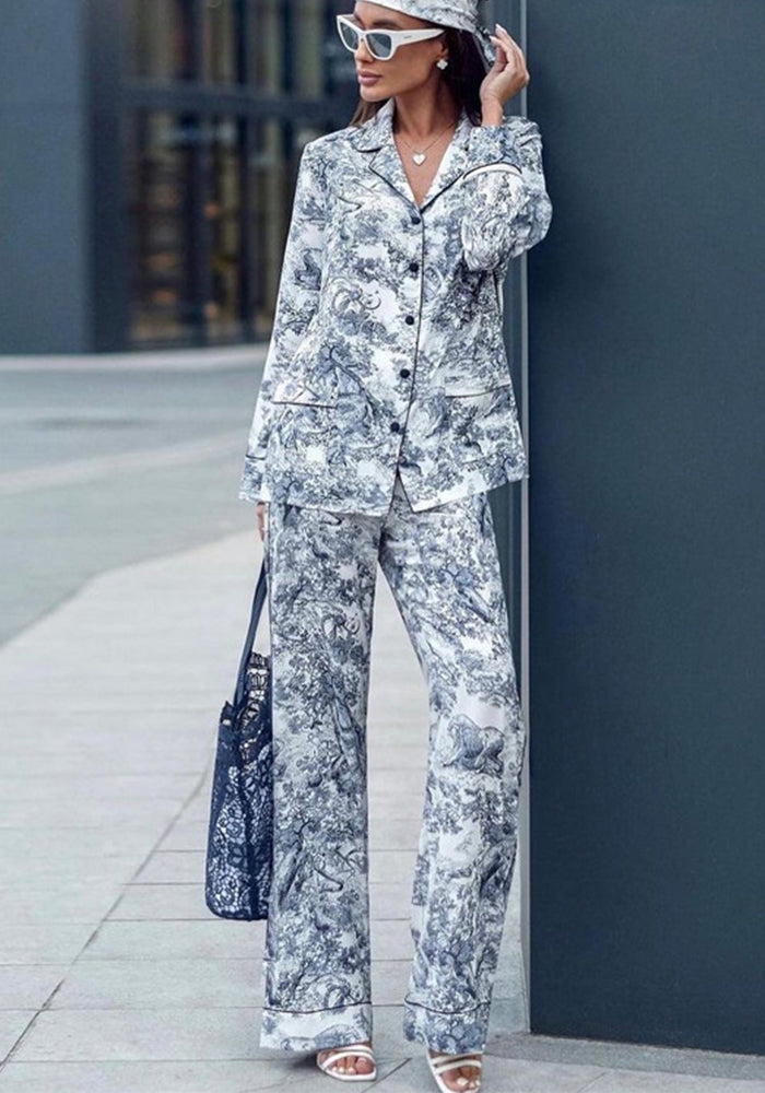 Spring And Autumn Print Turndown Collar Long Sleeve Shirt Trousers Two-Piece Suit Women's Clothing