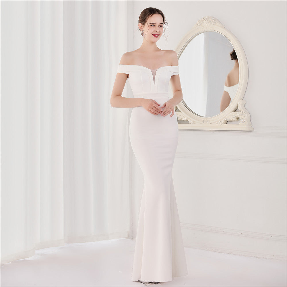 Summer Elegant Plain Off Shoulder Short Sleeve Evening Dress