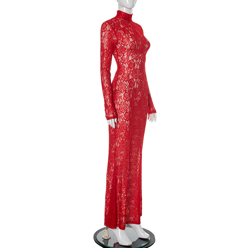 Women lace Patchwork half-high collar sexy dress 7