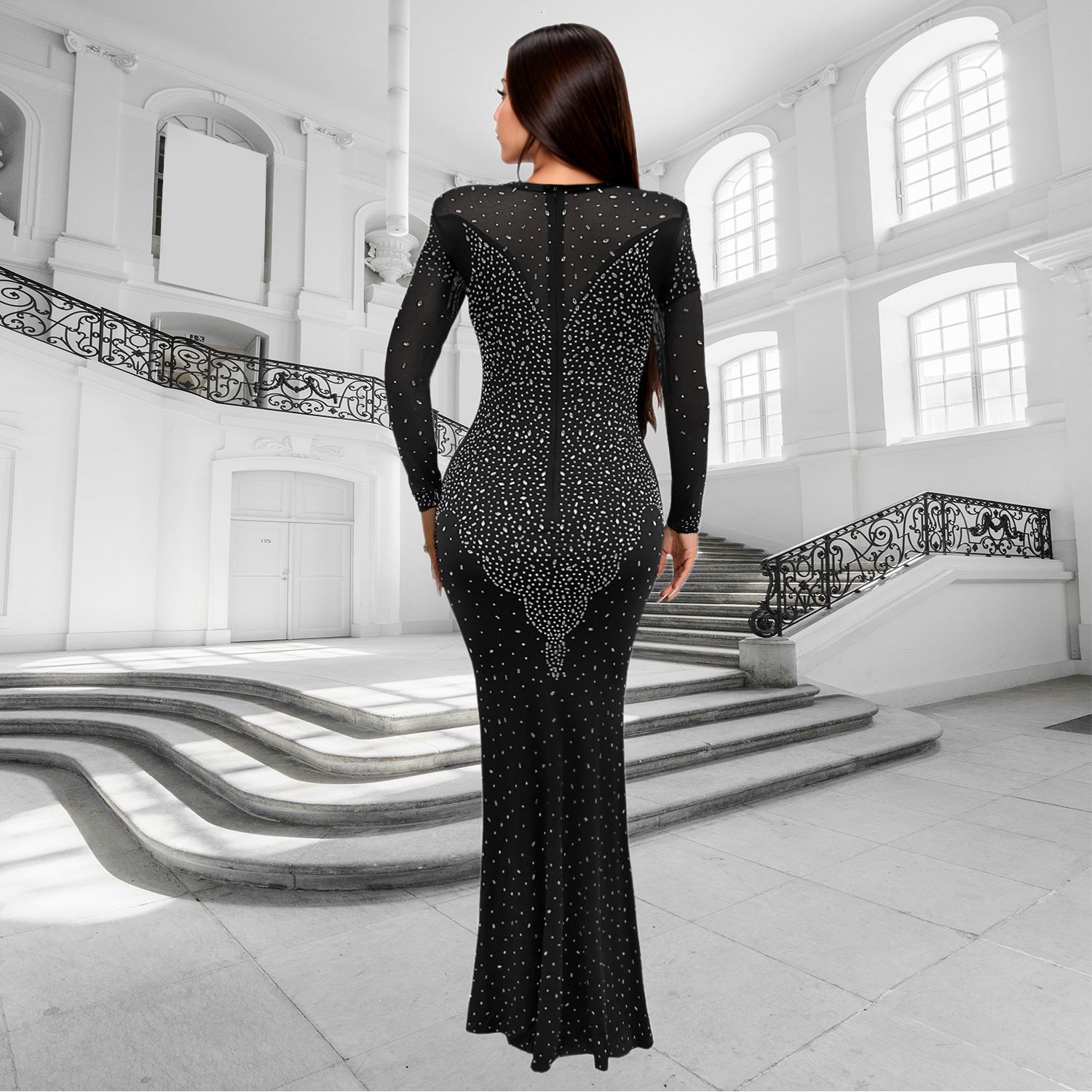 Women Long Sleeve Beaded Sexy Dress 3