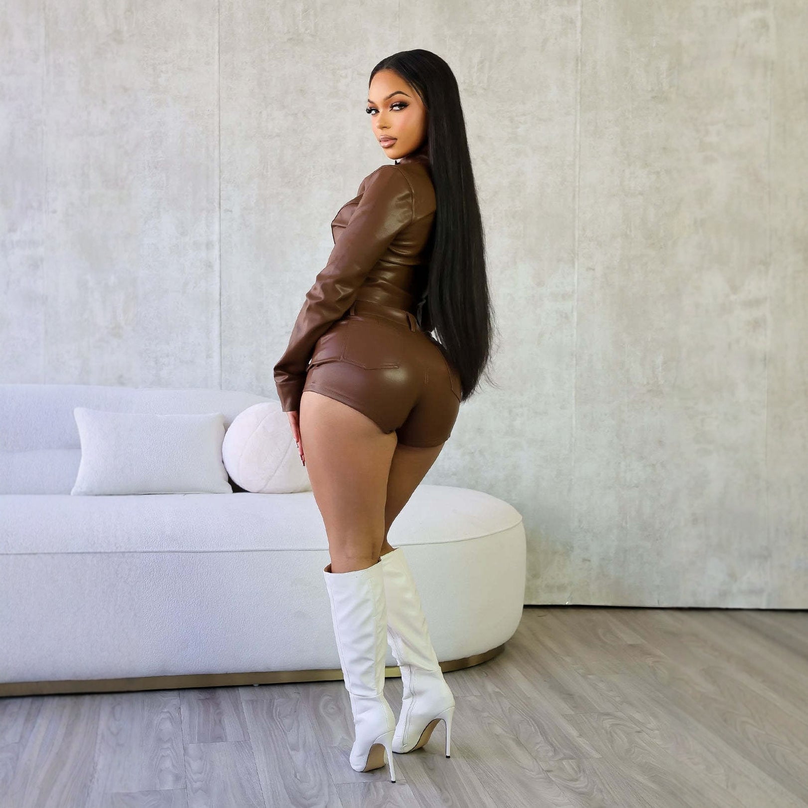 Women's Mock Neck Zipper Slim-Fitting PU Leather Top Autumn ShortsSet 6