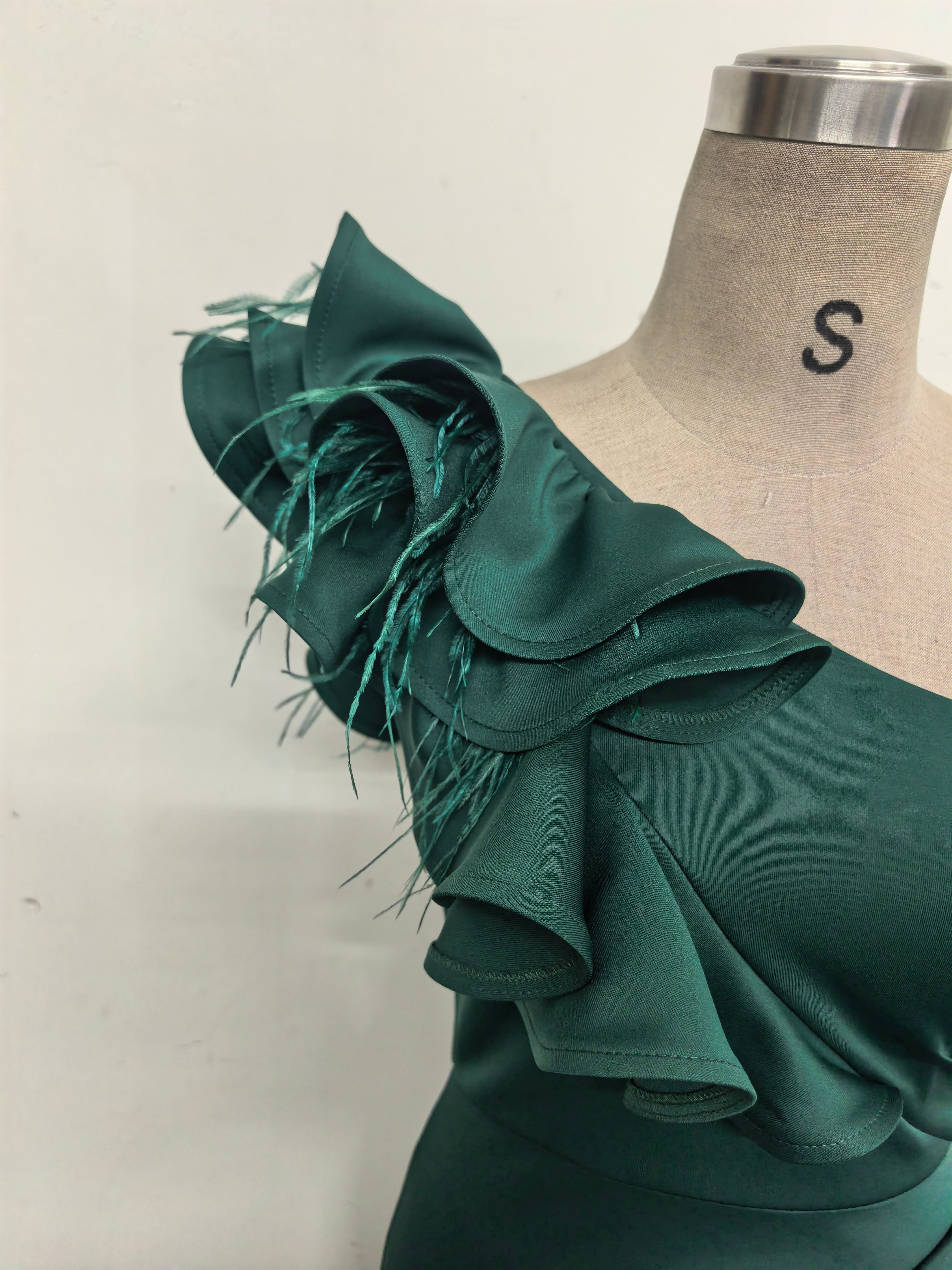 Women One-Shoulder Beaded Wool and Floral Satin Slit Sexy Evening Dress 28