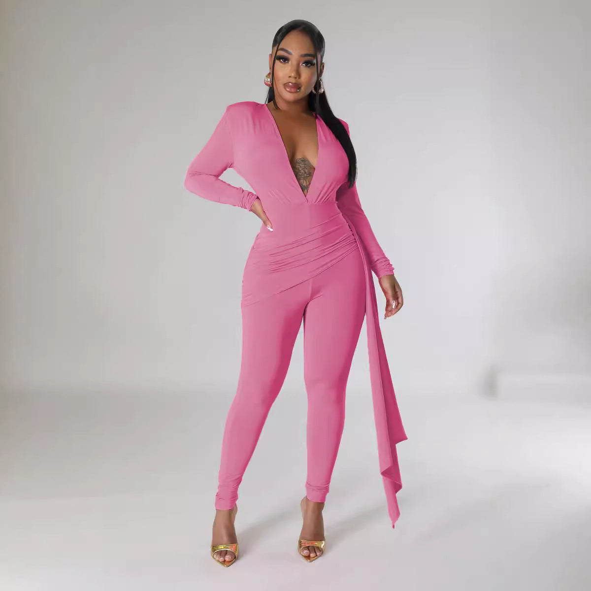 Women's Solid Color Sexy Deep V Neck Tight Fitting Long Sleeve Jumpsuit 8