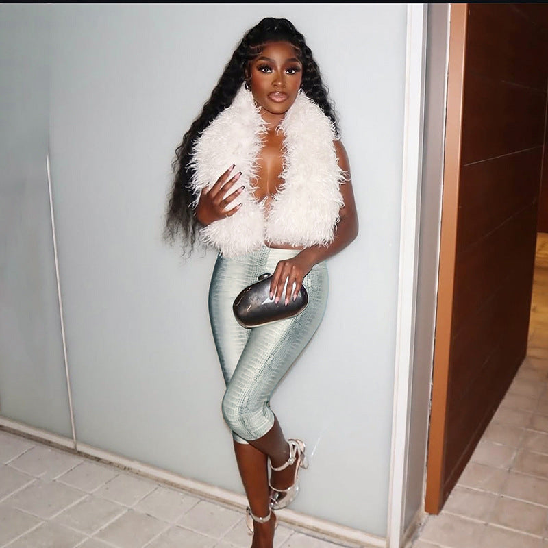 Women Summer/Autumn Halter Neck Fur Collar Backless Lace-Up Top and Capri Pants Two-Piece Set 8