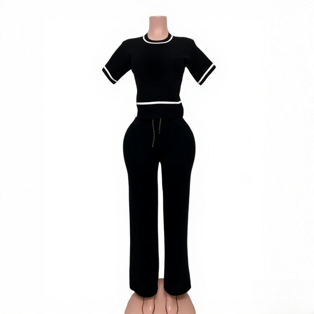 Spring/Summer Casual Knit Set Letter & Heart Print Short-Sleeve Top + High-Waist Pants 4