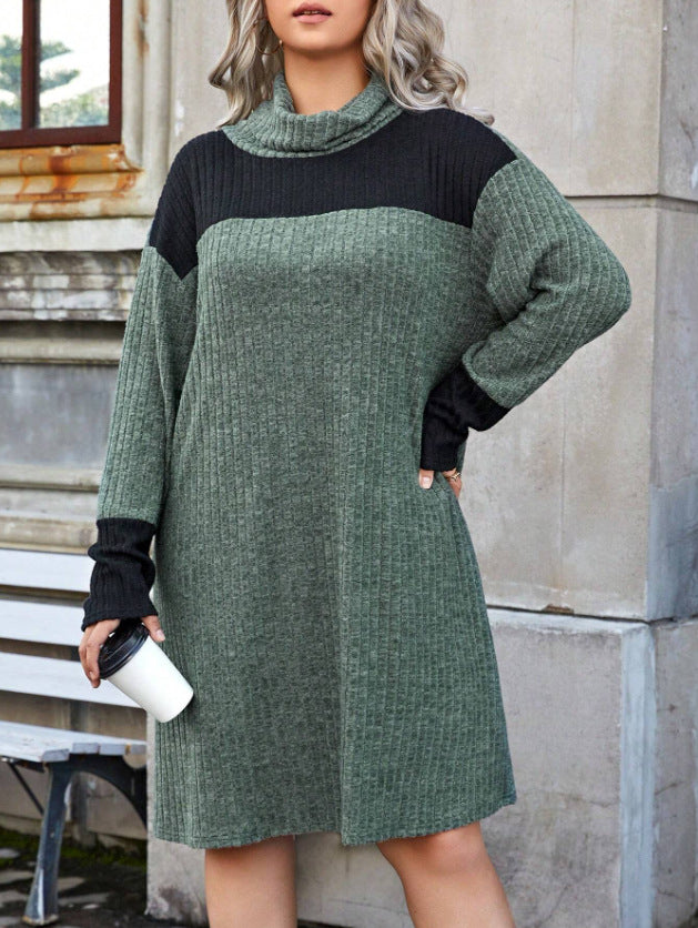 Plus Size Women High Neck Knitting Color Block Loose Casual Dress 4