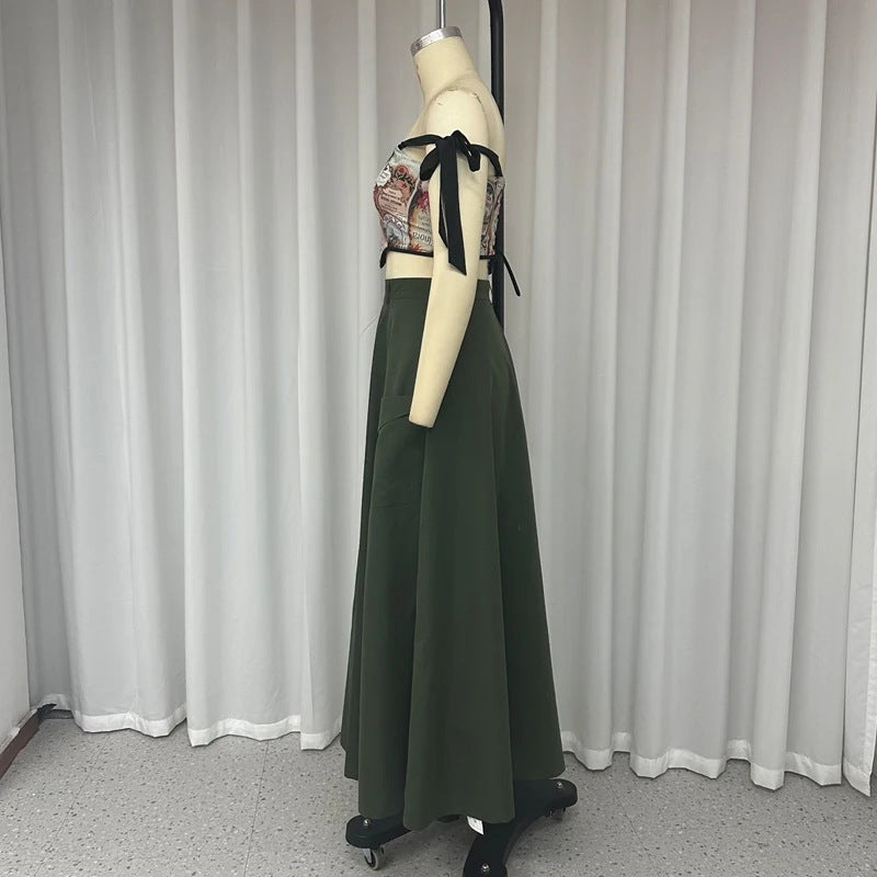 Summer fashion printing Off Shoulder sexy high slit skirt set 7