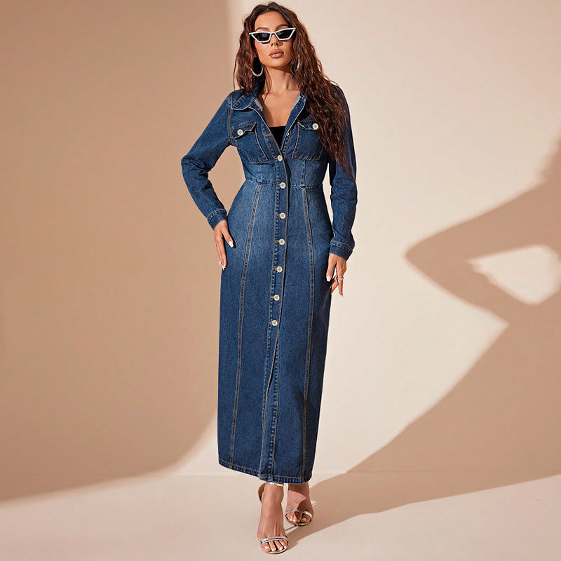 Women's Turndown Collar Button Denim Long Dress