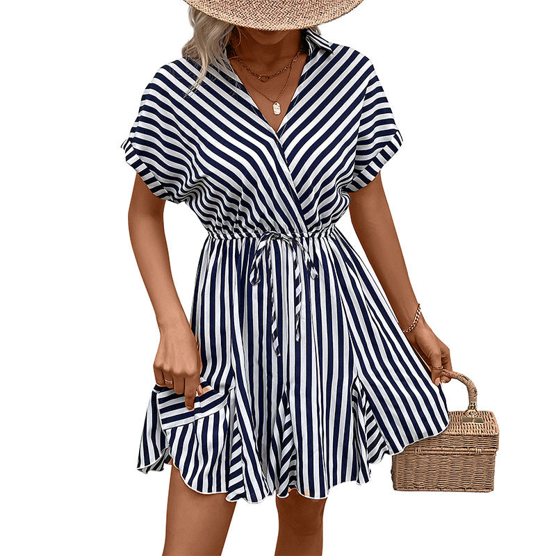 summer Turndown Collar Striped Slim Waist shirt dress 6