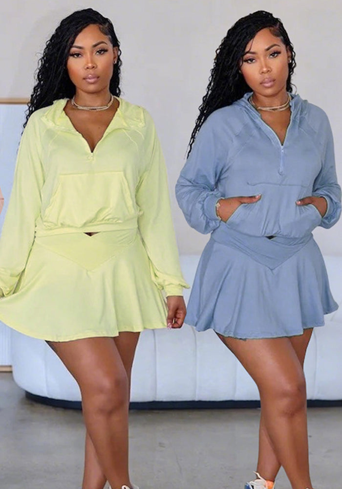 Women Solid Casual Sport Top with Hood and Skirt Two-Piece Set