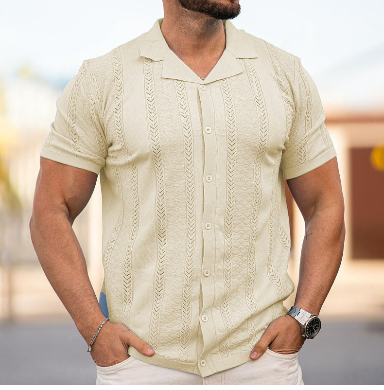 Men's Summer Short Sleeve Striped Hollow Casual Polo Top 4