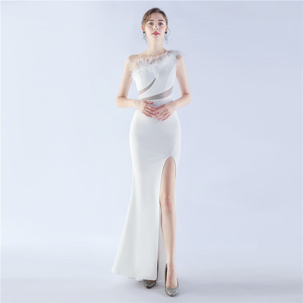 Women One Shoulder Ostrich Feather Beaded Evening Dress 5