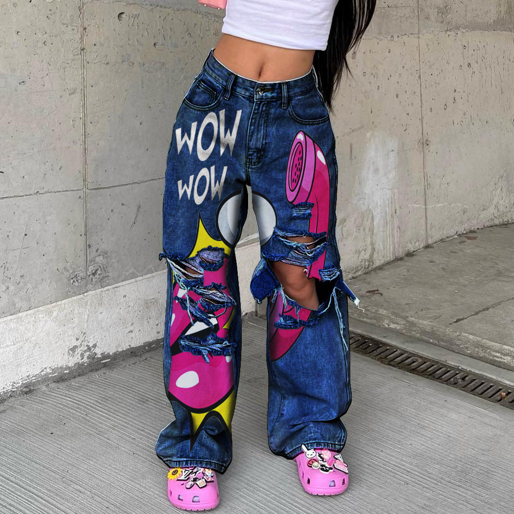 Women Ripped Wide-leg Denim Pants