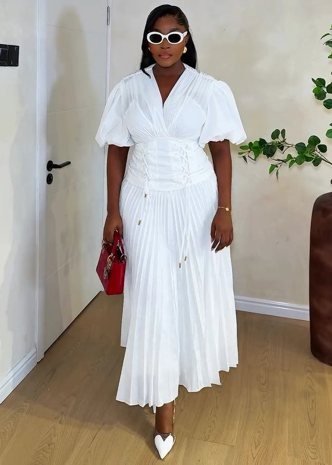 African Women's V-Neck Puff Sleeve Lace-Up Slim Waist Solid Color Trendy Pleated Maxi Dress 3
