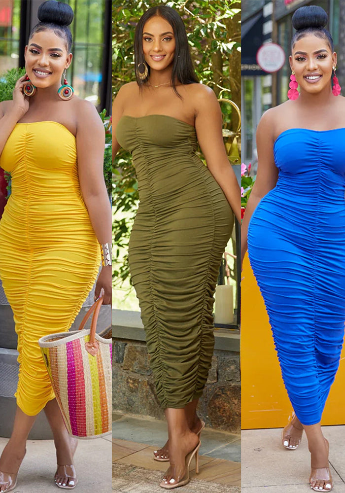 Women sexy chest wrap pleated Solid Maxi Dress