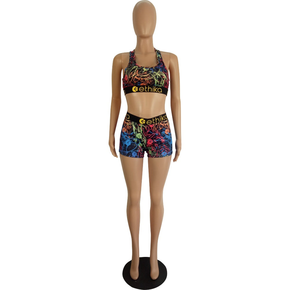 Women's Spring/Summer Slim Style Printed Sports Two-Piece Shorts Set 17