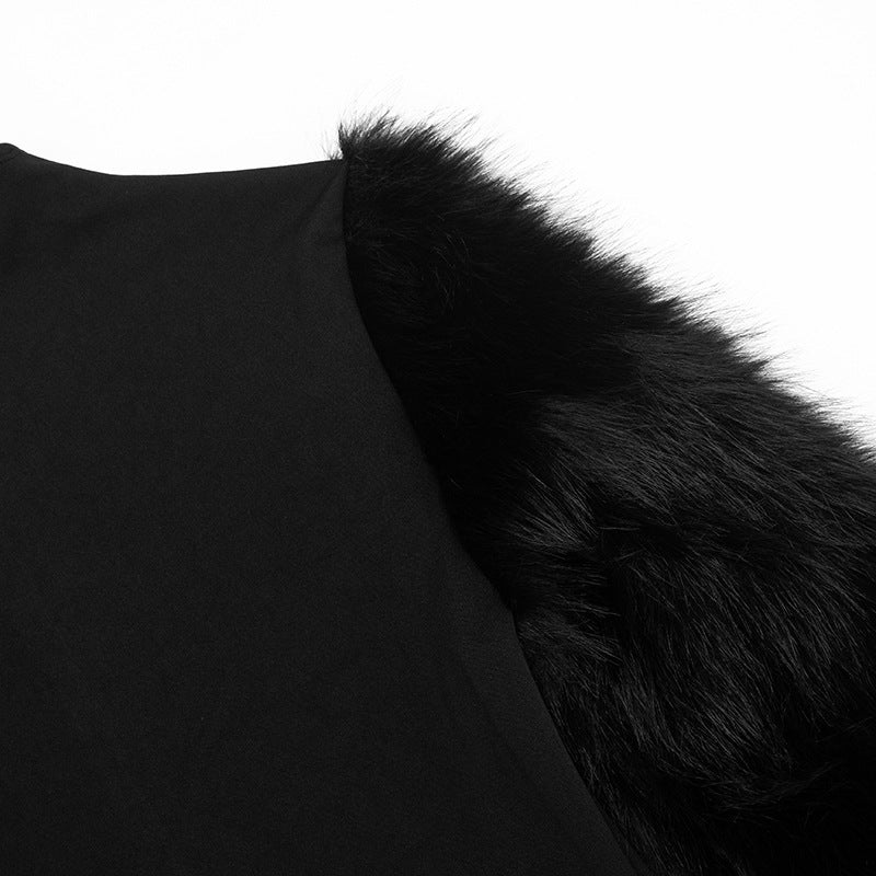 Women Autumn Zipper Neck Long-Sleeved Fur Paneled Sexy Bodycon Dress 19