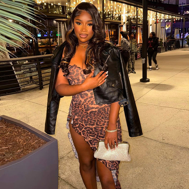 Summer Women's Sexy Low Back Halter Neck Lace-up Asymmetric Leopard Dress 11