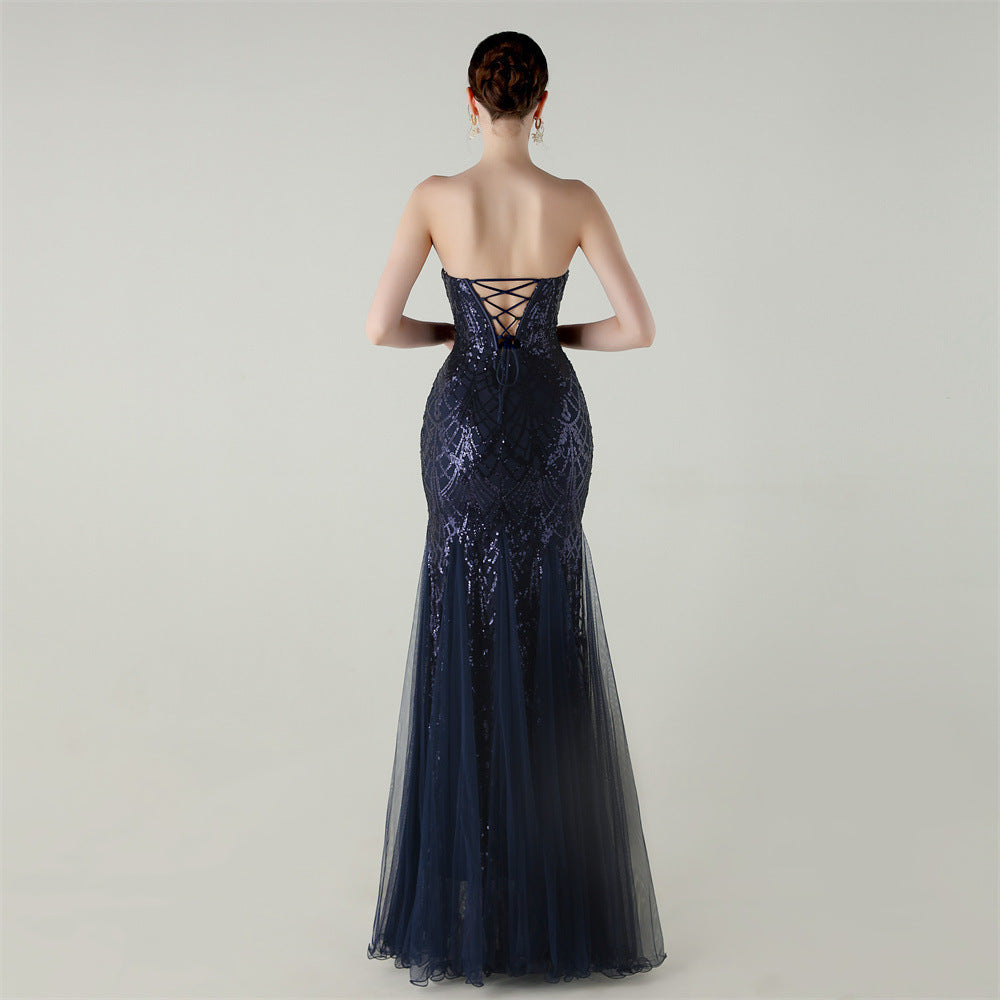 Women Strapless cross Lace-Up sequined tube flower sequined mesh evening dress Formal Party evening dress 54