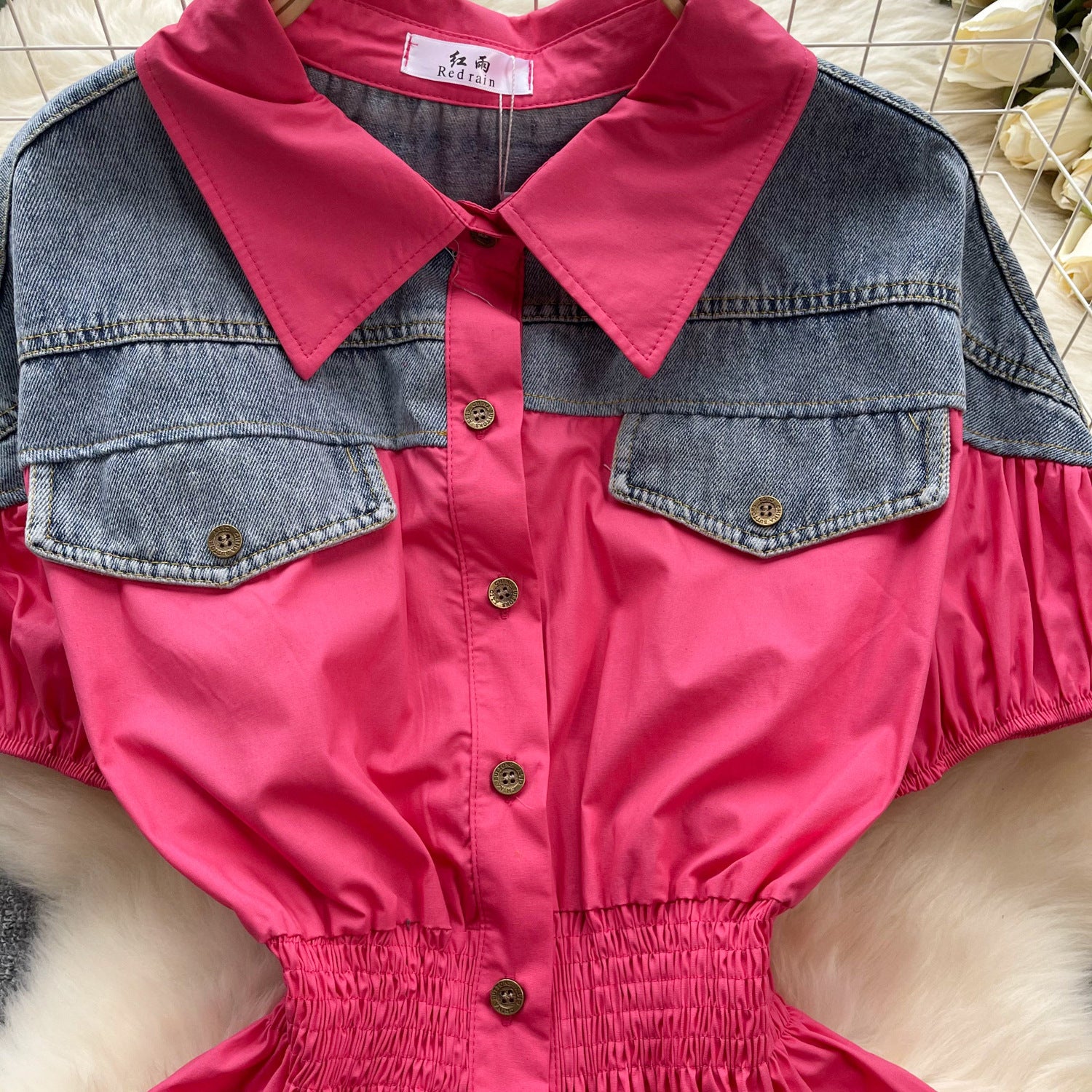 Women Contrast Patchwork Puff Sleeve Stretch Shirt 43