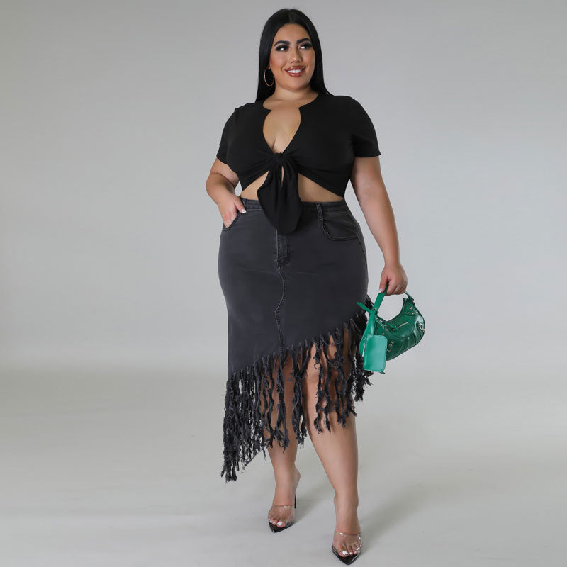 Plus Size Women Fringe Denim Skirt 4