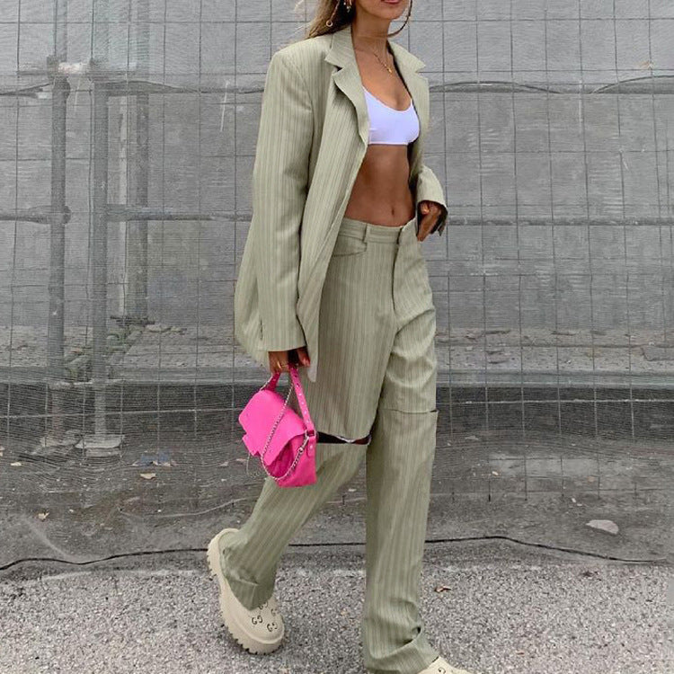Fashion Striped Loose Women's Spring Autumn Casual Blazer Trousers Two-Piece Set