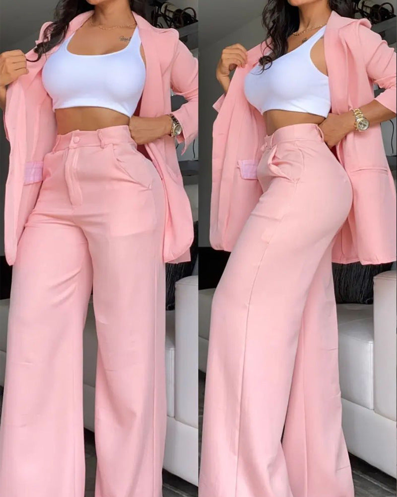 Women Solid Turndown Collar Blazer+ Pants Two-piece Set 4