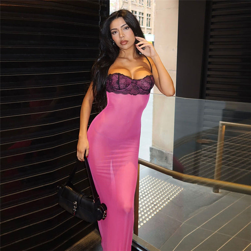 Women Summer Suspender Sexy Lace Patchwork See-Through Dress 3