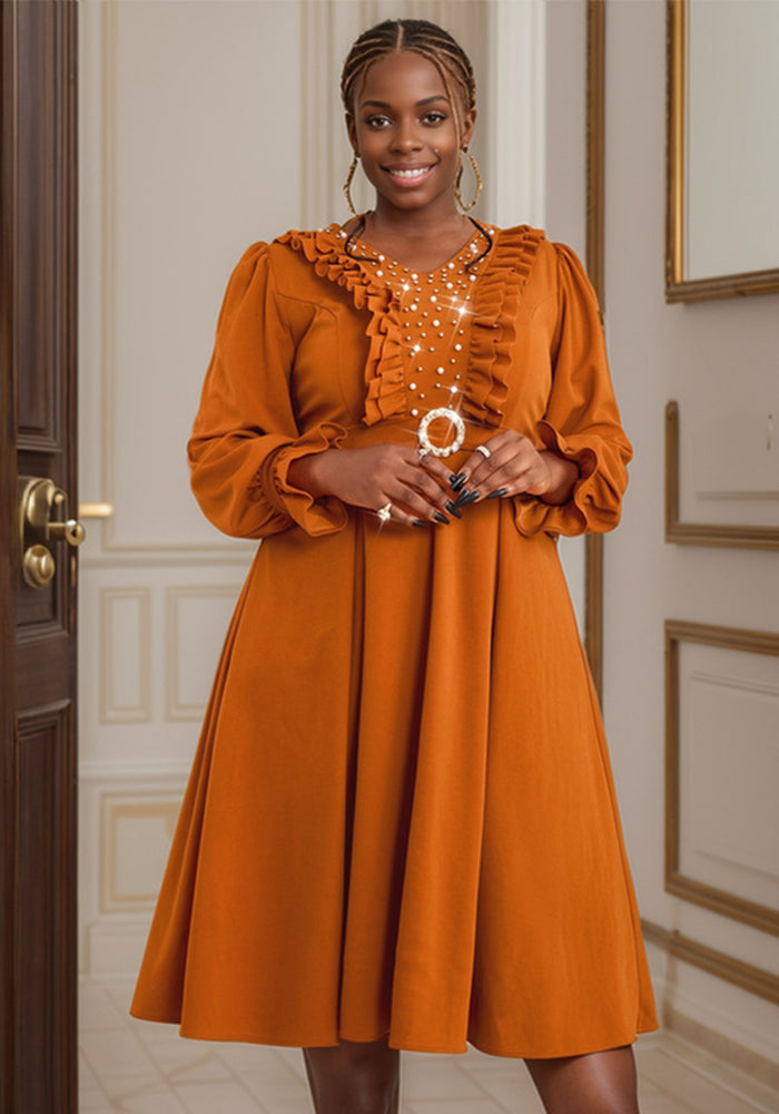 Plus Size Women V-neck lantern sleeve Ruffle Edge party beaded dress