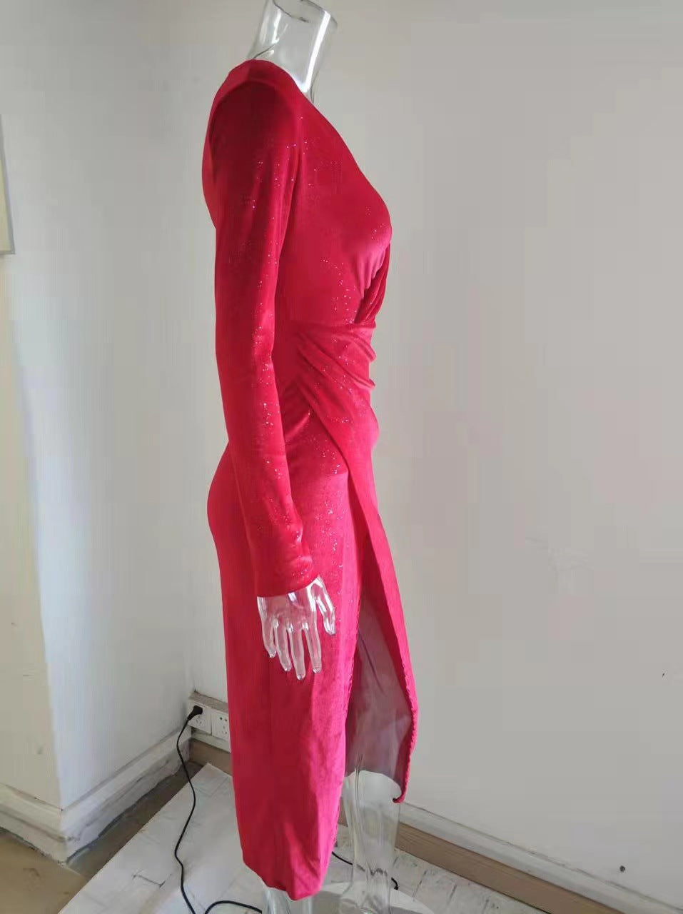 Women Sexy Leg-Exposing Long Sleeve Velvet Dress 21