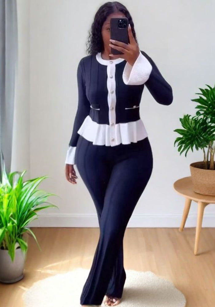 Women Long-Sleeved Knitting Top and Pant Two-Piece Set