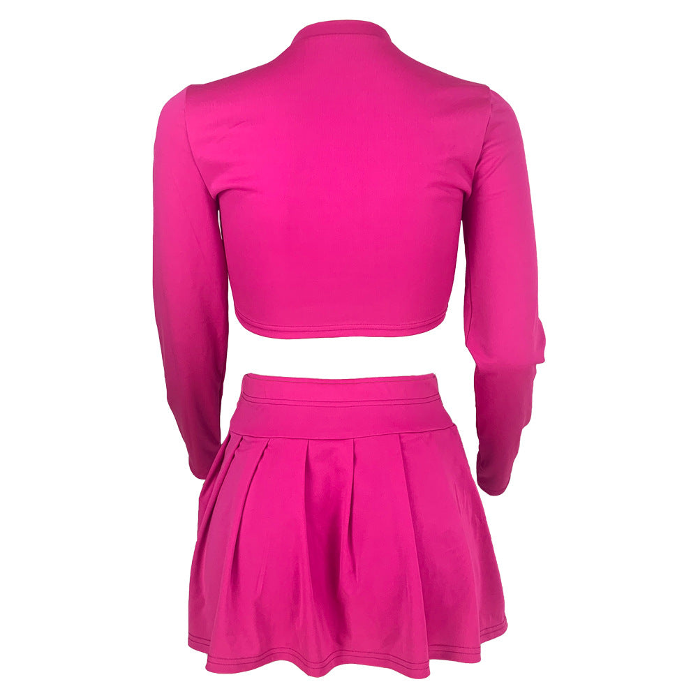 Women's fashion solid color Round Neck Crop slim long-sleeved top pleated short skirt two-piece set 9