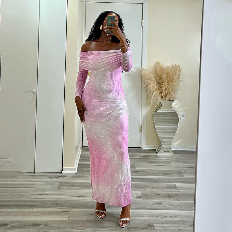 Women Elegant Shiny Gradient Off Shoulder Bodycon Dress