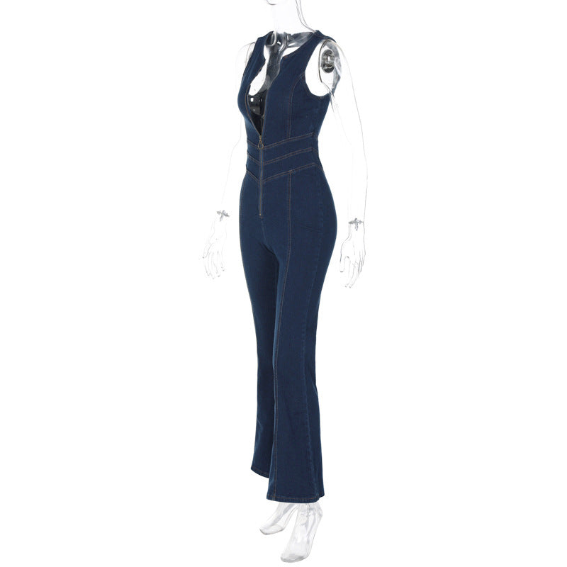 Women's Summer Slim Fit Fashion Low Back Retro High Waist Denim Jumpsuit 10