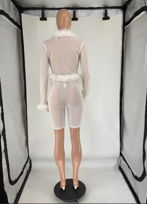 Fur Trim Solid Color Lace-up  Top & Tight Shorts Trendy Two Piece Set 8