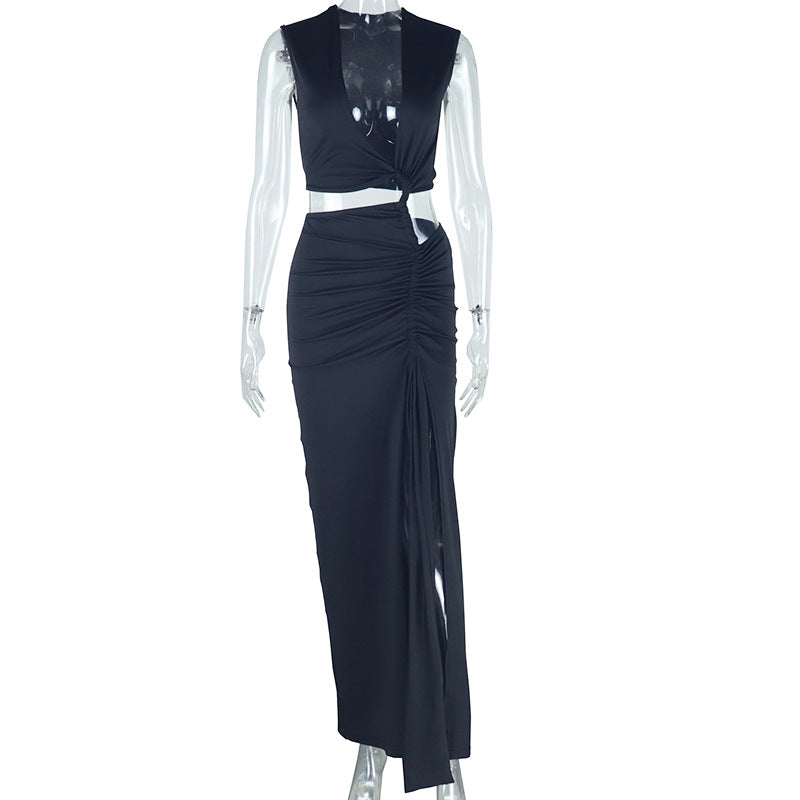 Women's Fashion Solid Color Dress Sleeveless Irregular Slit Dress 3