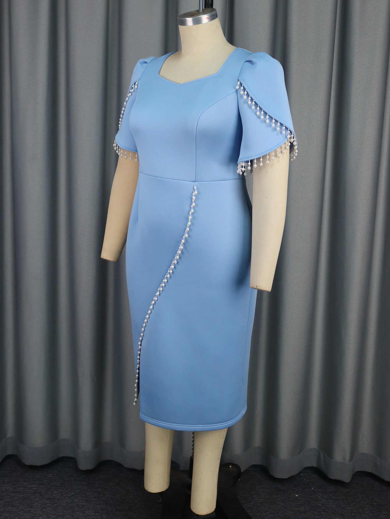 Plus Size Women Elegant Square Neck Pearl Slit Dress 5