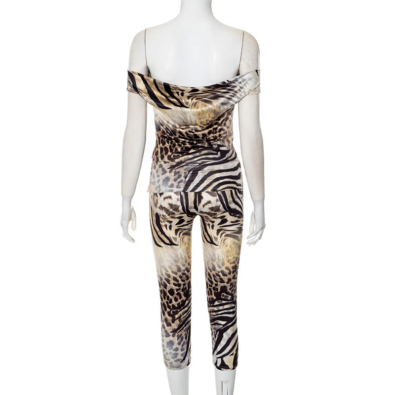 Women Spring/Summer Off Shoulder Print Two Piece Set 11