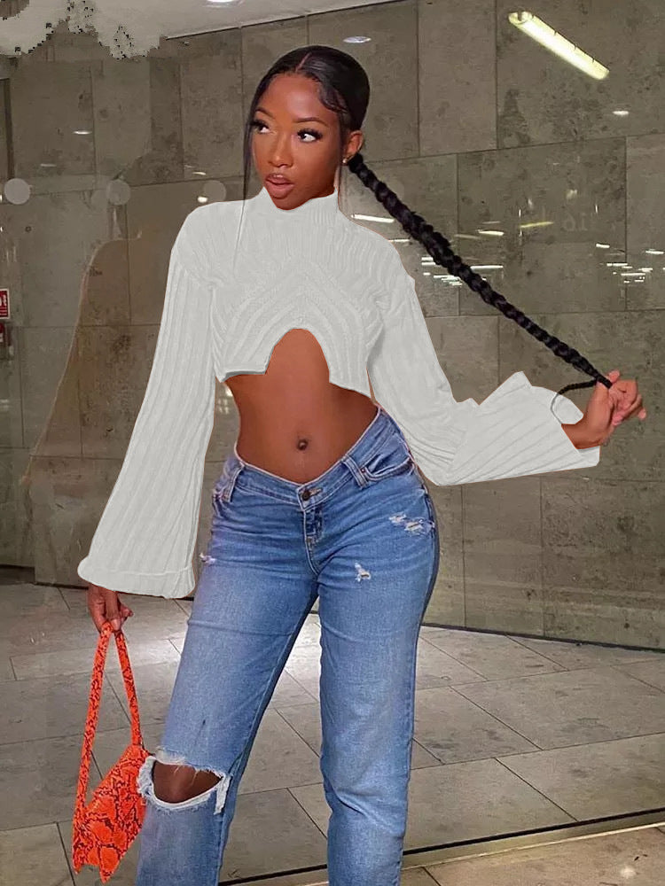 Autumn And Winter Sweater Solid Color Women Casual Long Sleeve Round Neck Classic Tight Fitting Irregular Crop Mid-Waist Women's Clothing 5