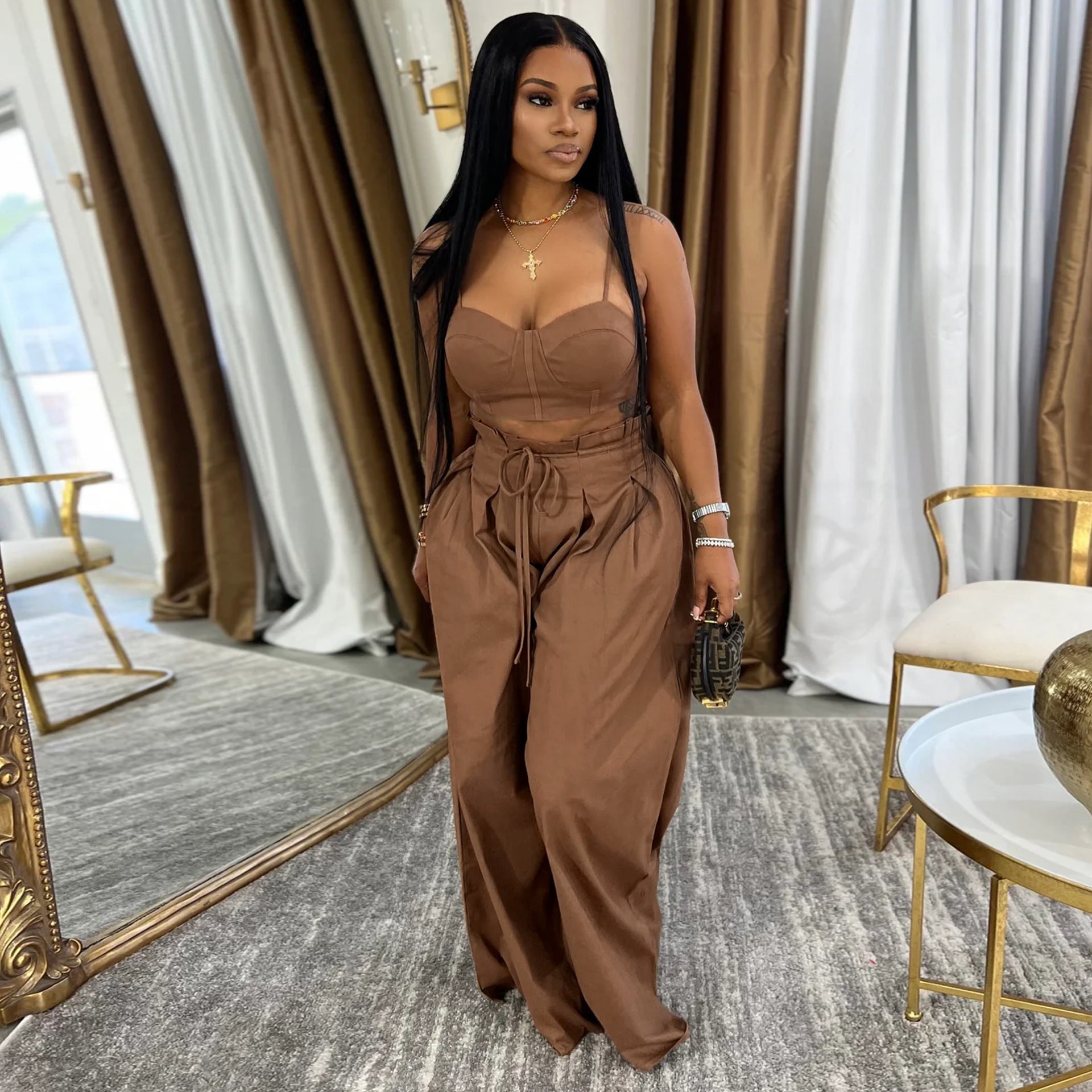 Women Plunging tank top Solid Lace-Up wide-leg pants two-piece set 5