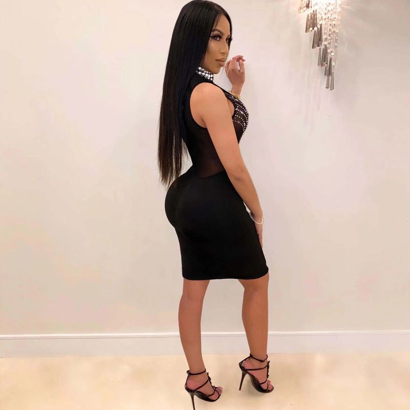 Women's Sexy See-Through Turtleneck Beaded Sleeveless Party Dress 3
