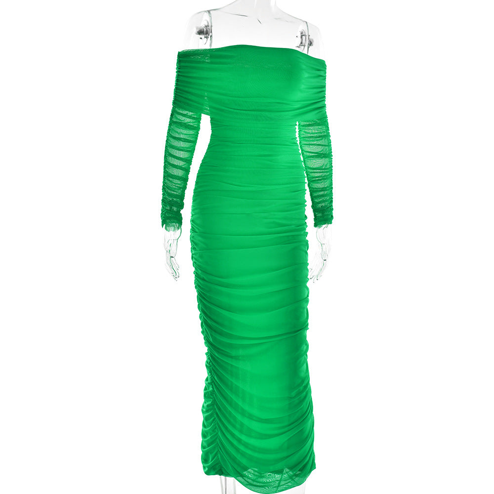 Women Autumn Bodycon Sexy Mesh Off Shoulder Gathered Dress 10