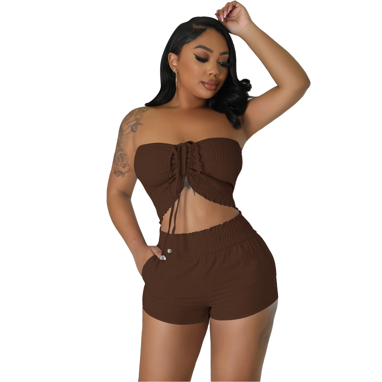 Women Sexy Off Shoulder Drawstring Crop Top and Shorts Two-Piece Set 6