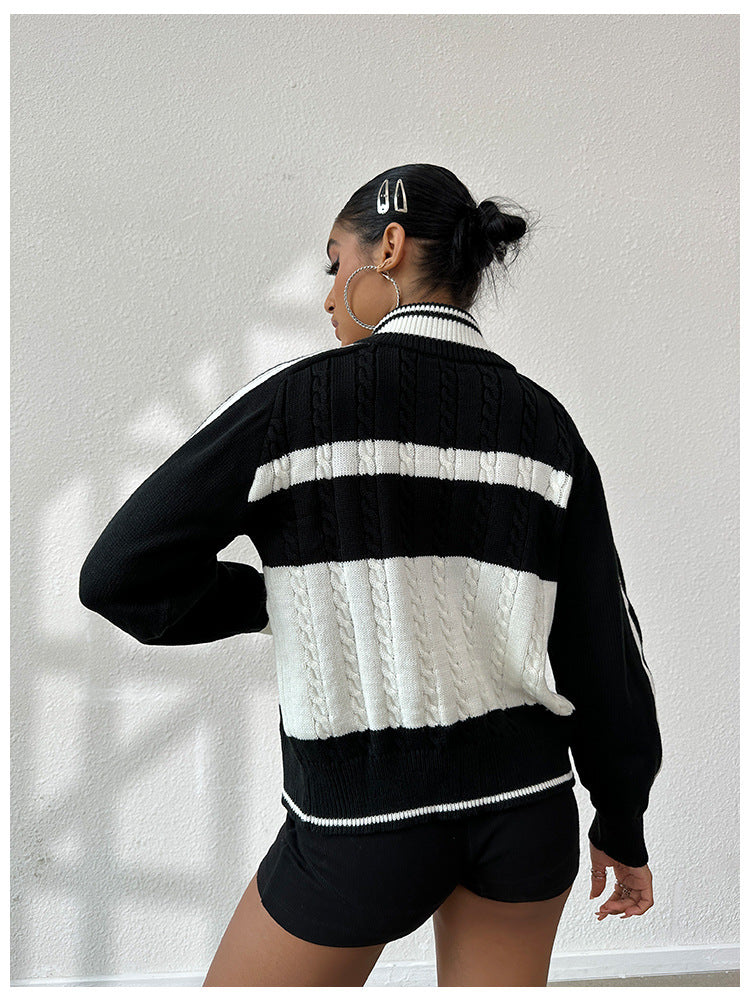 Women autumn and winter sports Casual black and white striped long sleeve sweater