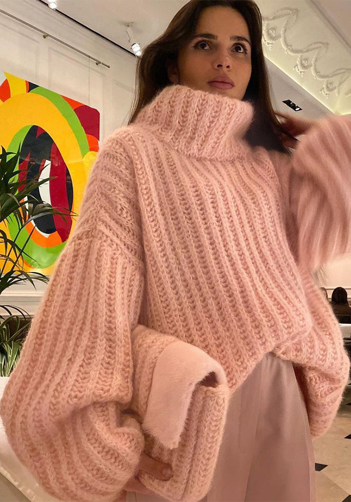 Women winter knitting outfit fluffy long sleeve sweater