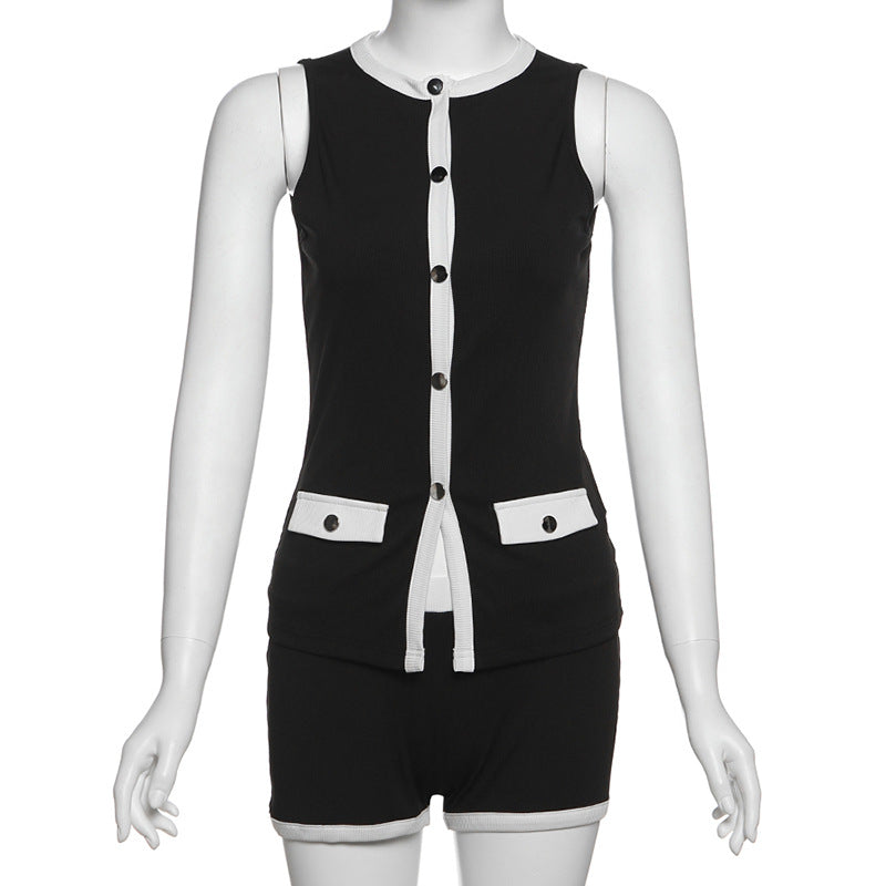Spring Chic Sexy Women's Contrast Color Sleeveless Button Top Slim Shorts Set 11