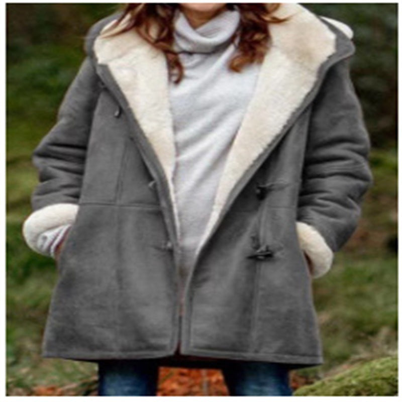 Winter solid color Casual button cardigan warm hooded women's coat 4