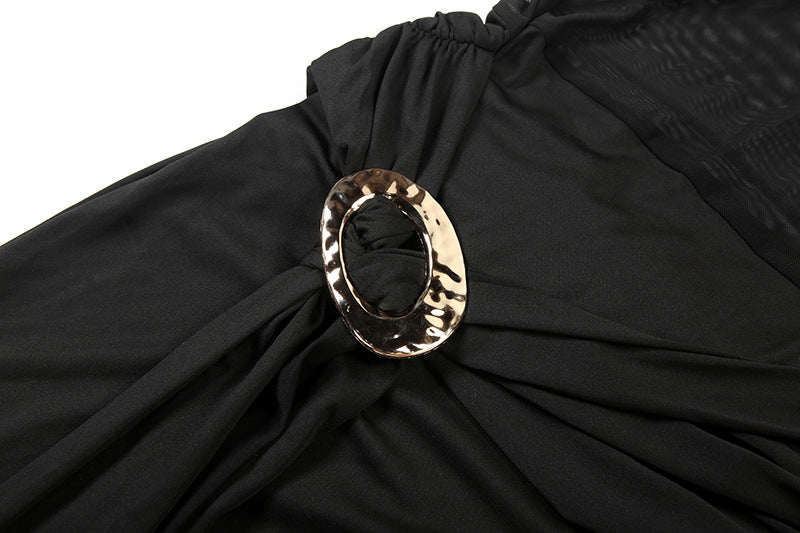 Autumn Women's Sexy Mesh Patchwork See-Through Slim Fit Halter Neck Lace-Up Dress 14